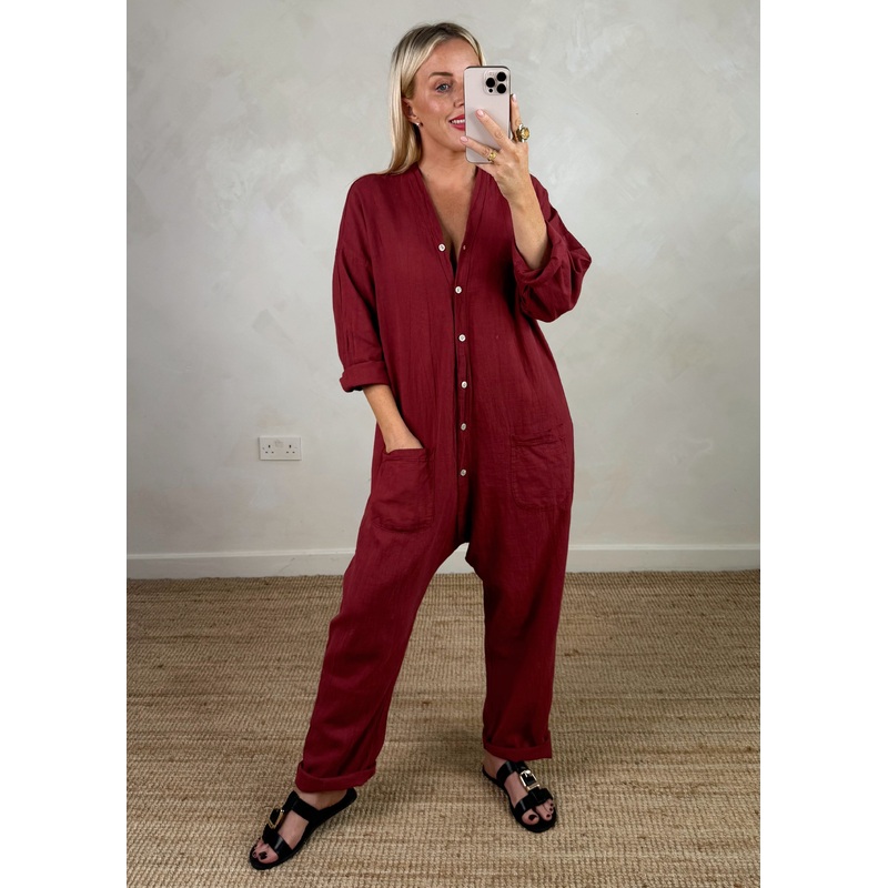 Seth linen blend jumpsuit – deep red