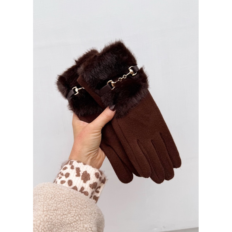 Cashmere blend Fur trim glove – chocolate