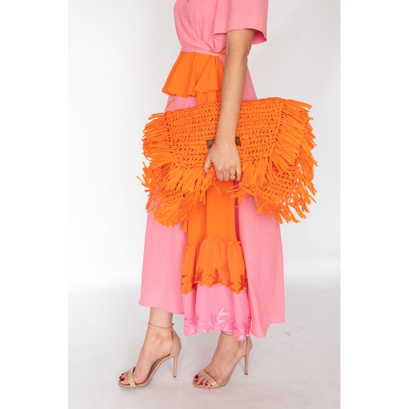 Beatrice B Orange Raffia Clutch Bag