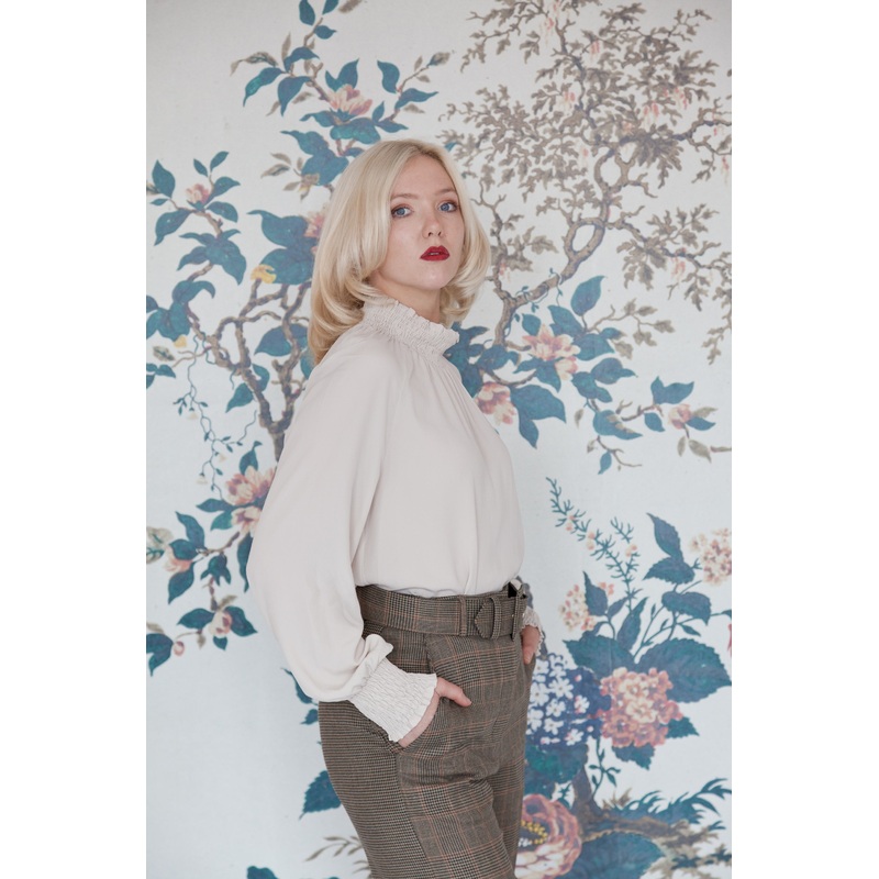 Beatrice B Stone Silk Ruched High Neck Blouse