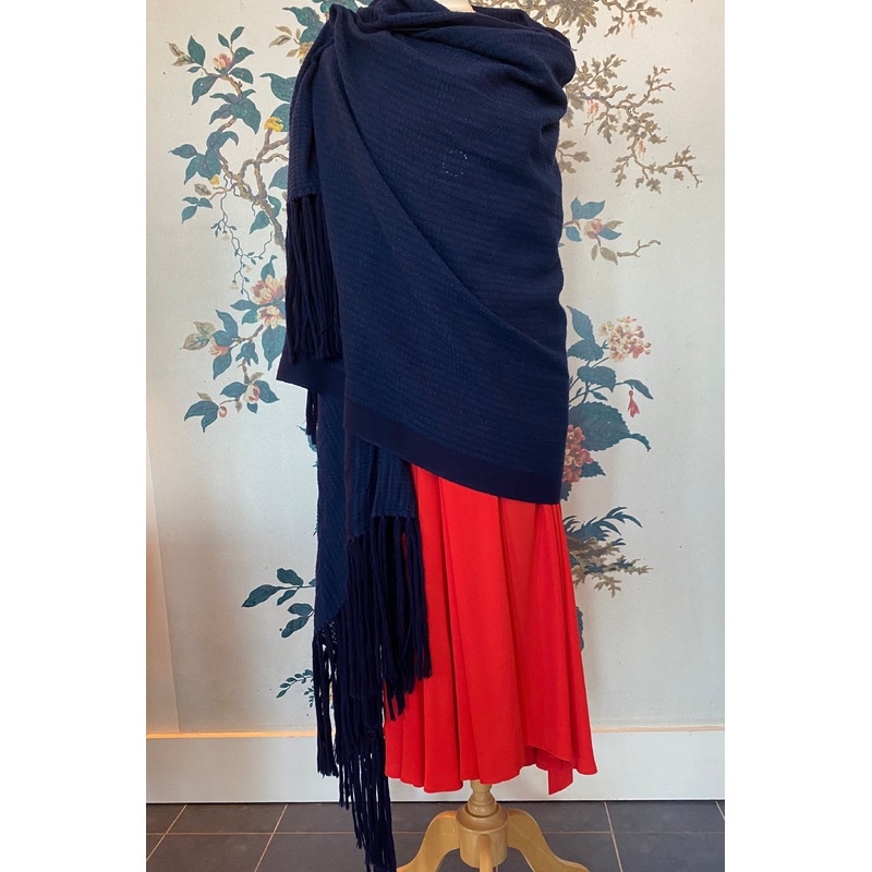 Navy Wool Blanket Scarf with Long Fringing