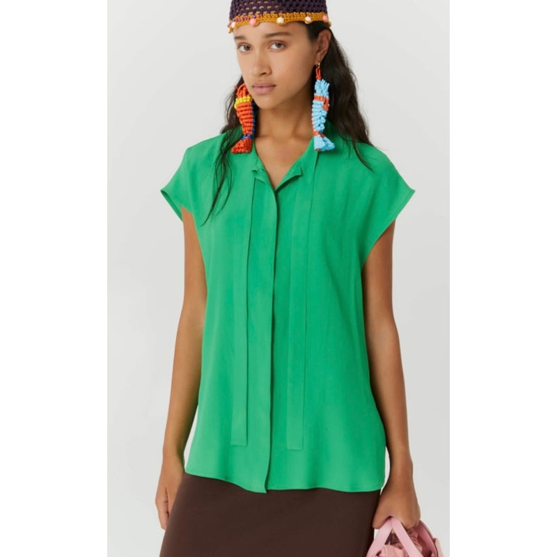 Beatrice B Green Silk Pussybow Blouse