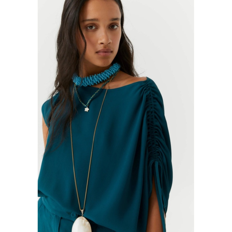Beatrice B Teal Asymetric Silk Top