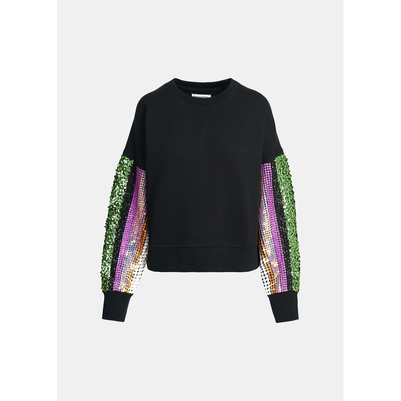 Essentiel Antwerp Black Sweatshirt with Multicoloured Sequin Embroideries