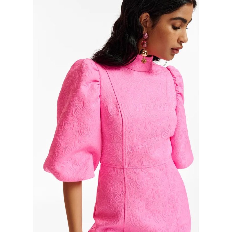 Essentiel Antwerp Bright Pink Jacquard Mini Dress with Puffed Sleeves