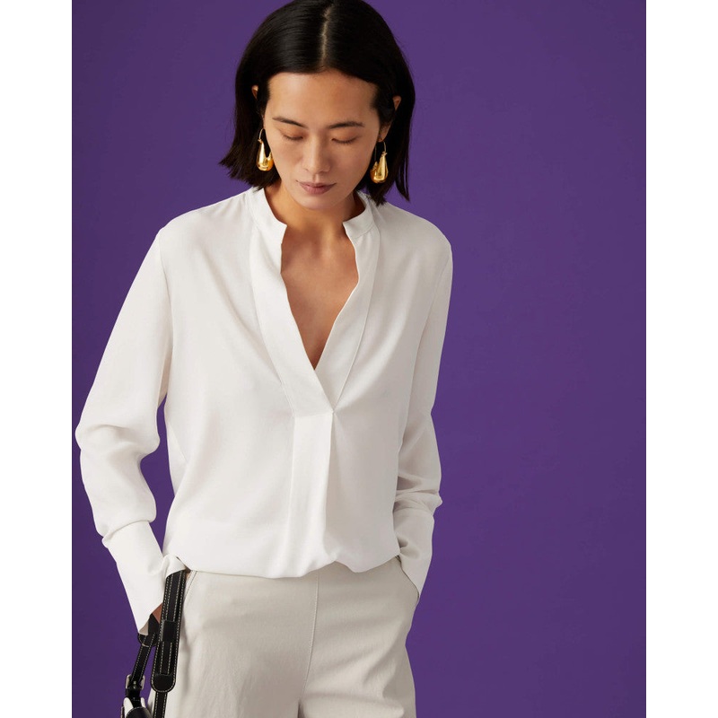 Beatrice B White Silk Mix V-Neck Blouse