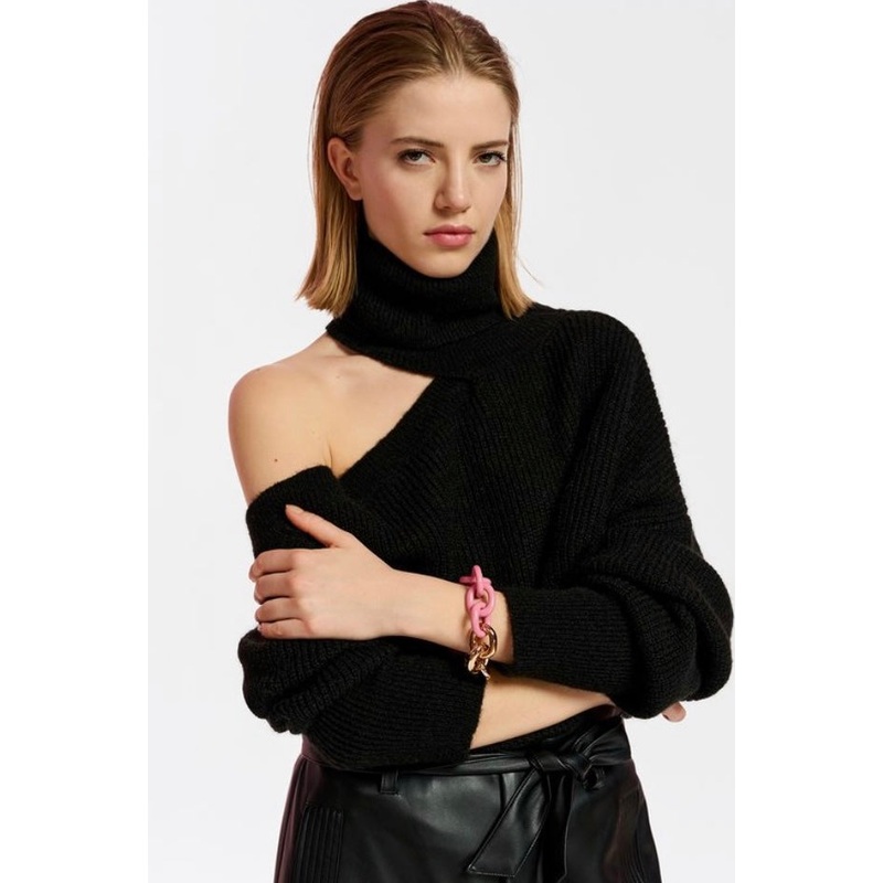 Essentiel Antwerp Black Wool-blend Knitted Cold Shoulder Jumper