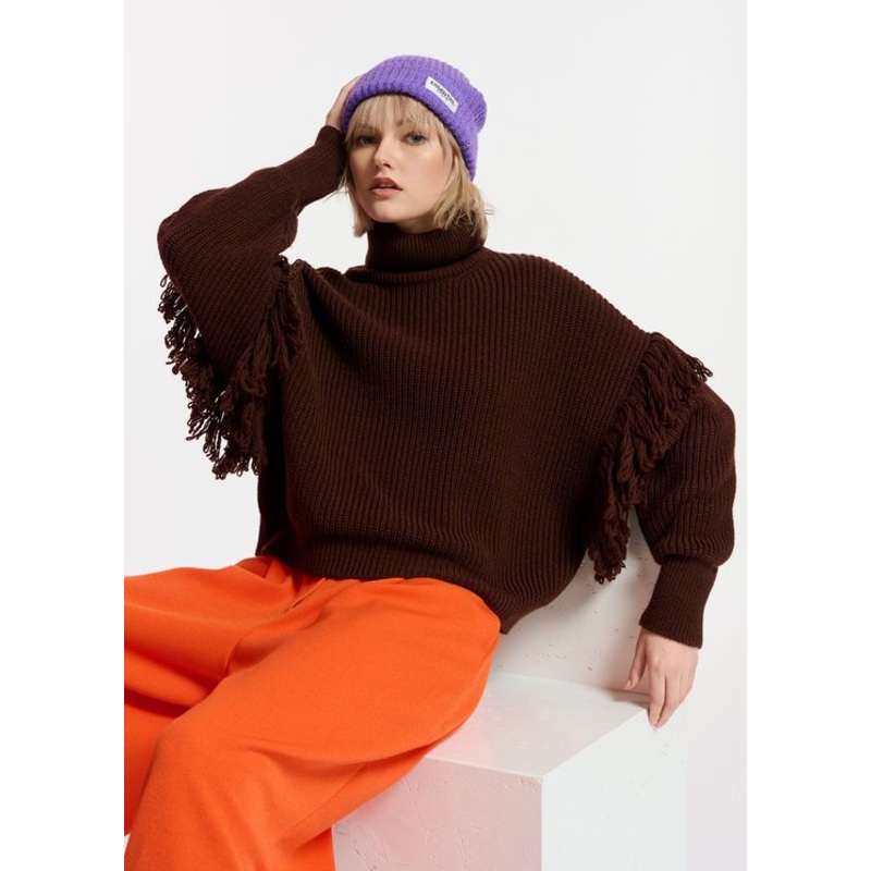 Essentiel Antwerp Dark Brown Fringed Knit Sweater