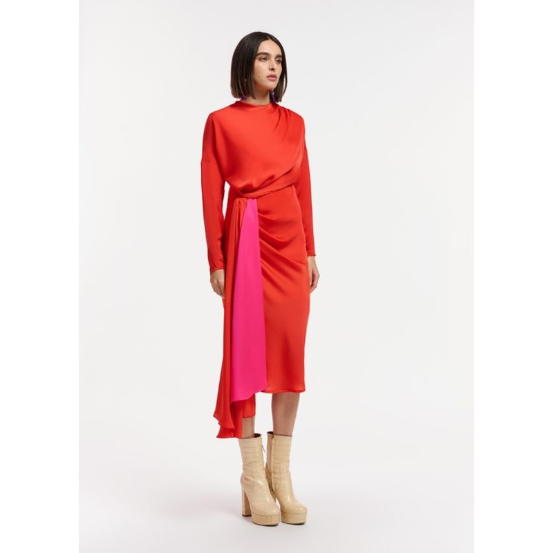 Essentiel Antwerp Red and Orange Draped Midi Dress