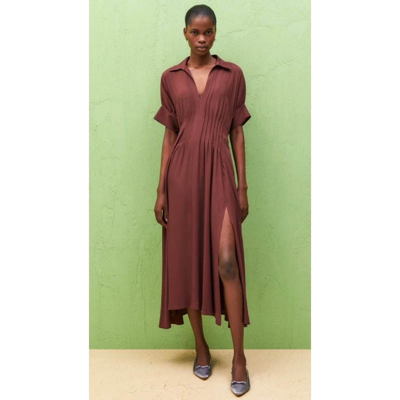Beatrice B Chocolate Silk Dress with Pleated waist