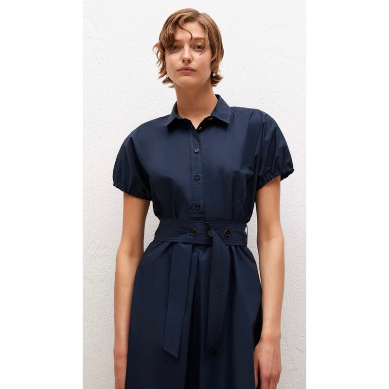 Beatrice B Navy Poplin Cotton Flared Dress