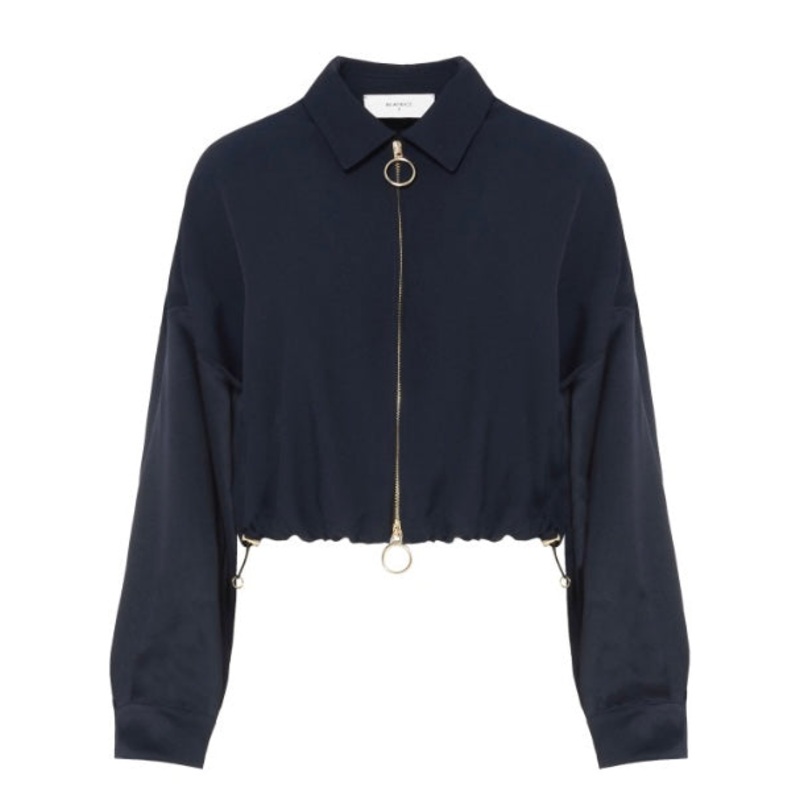 Beatrice B Navy Silk Bomber Jacket with Lace Insert