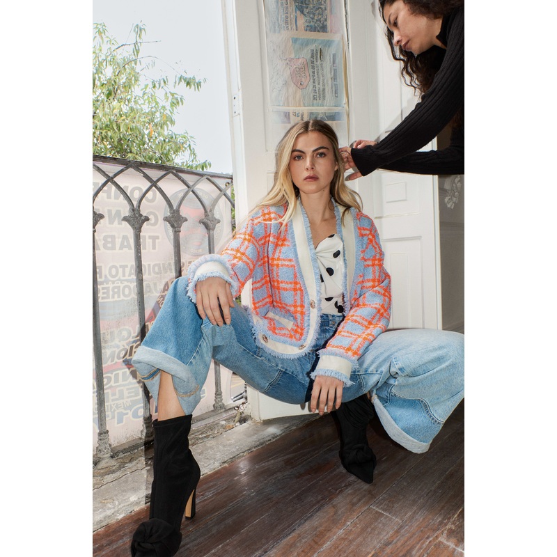 Essentiel Antwerp Blue & Orange Checked Cardi-Jacket