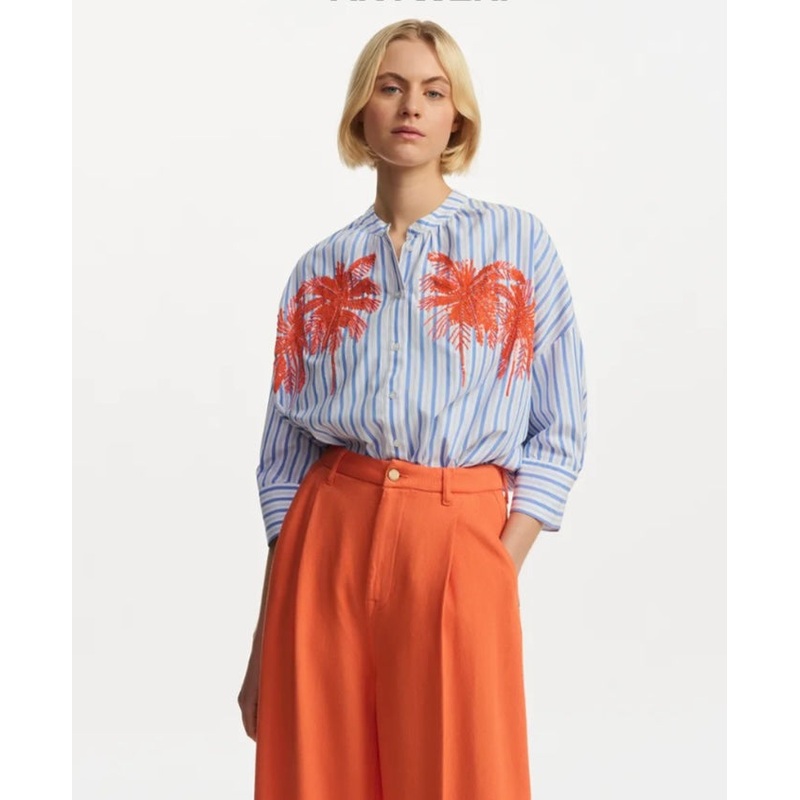 Essentiel Antwerp Blue & White Stripe Shirt with Beaded & Embroidered Motiff