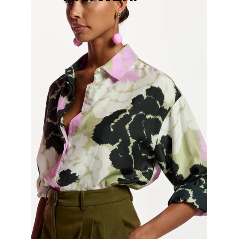 Essentiel Antwerp Khaki Silk Floral Shirt