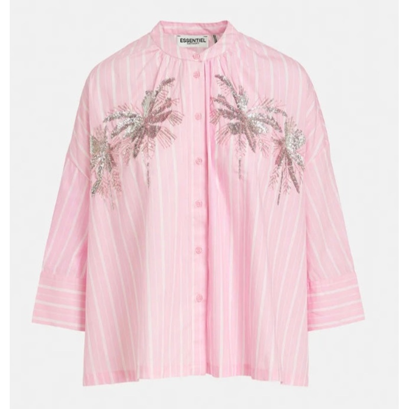 Essentiel Antwerp Pink & White Stripe Cotton Shirt with sequin / embroidered motif
