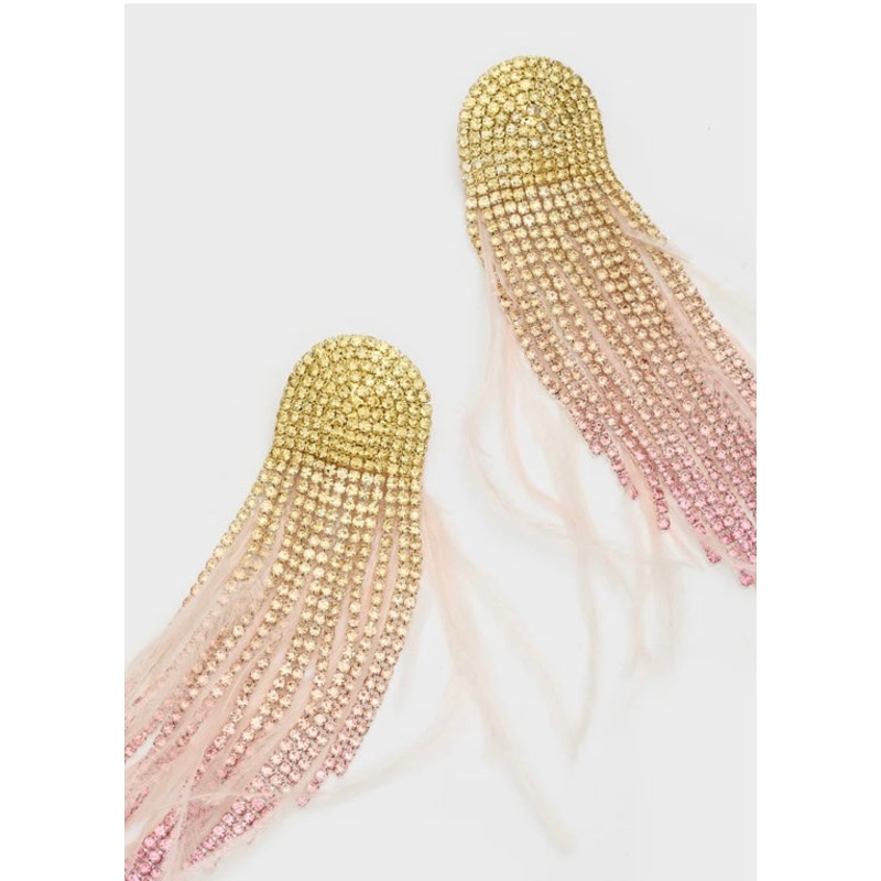 Nali Pink & Gold Feathers & Crystal Tassle Earrings