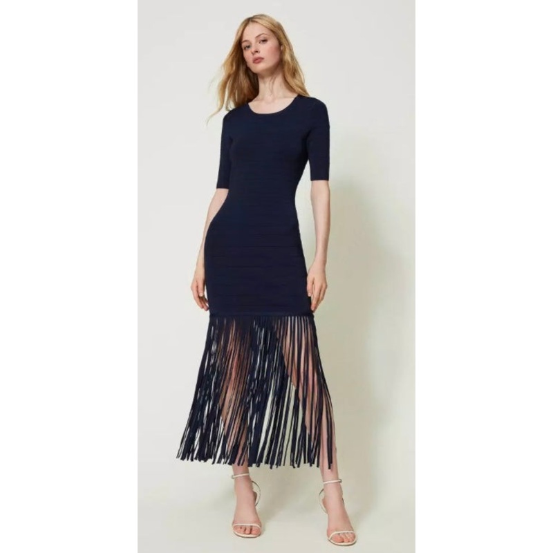 Twinset Navy Short Knit Dress with fringing