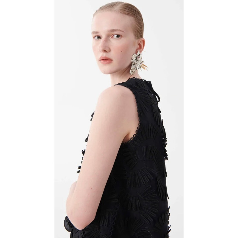 Beatrice B Black Embossed Appliqu Cotton Top  by