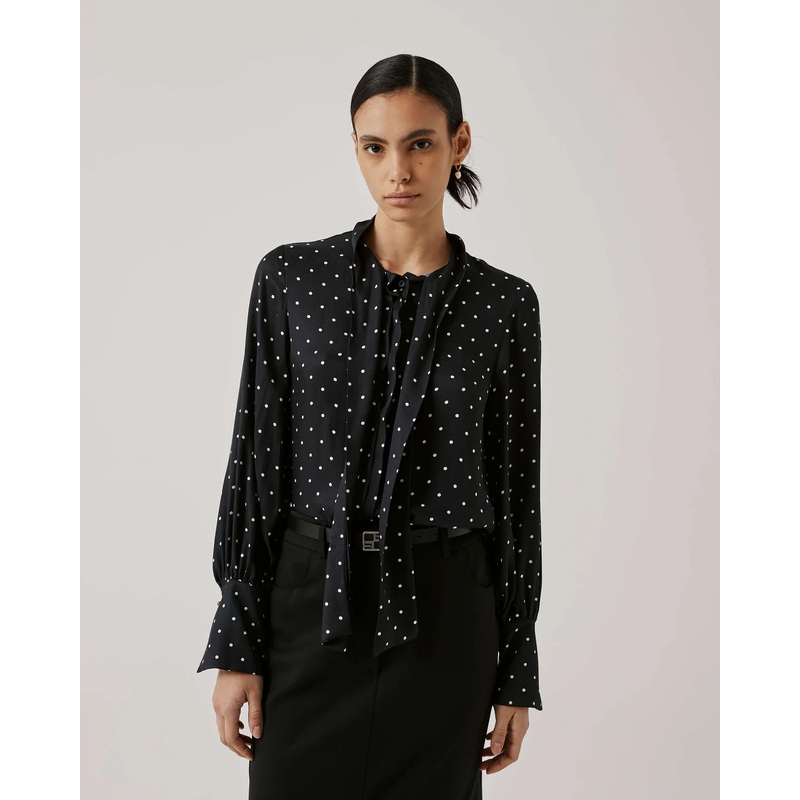 Beatrice B Black Polka Dot Pussybow Blouse