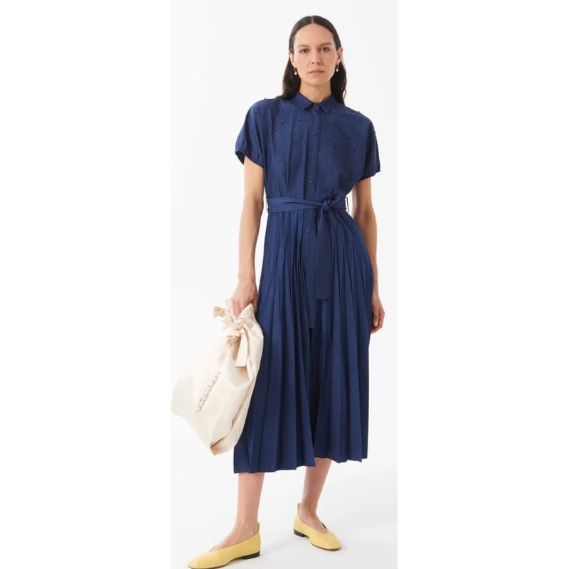 Beatrice B Indigo Peated & Hand Embroidered Denim Dress