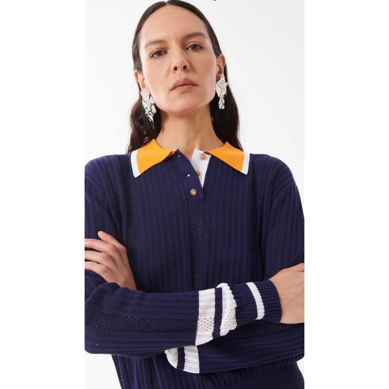 Beatrice B Navy Perforated Silk Blend Polo Shirt with contrasting Collar & Cuffs