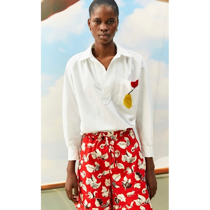Beatrice B White Cotton Shirt with Embroidered & Beaded Pocket