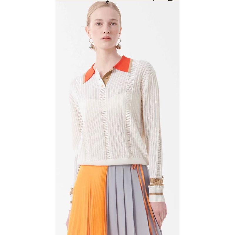 Beatrice B White Perforated Silk Blend Polo Shirt with contrasting Collar & Cuffs