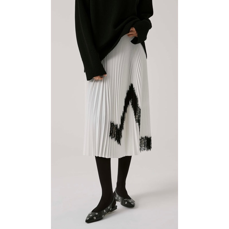 Beatrice B White Pleated Skirt with Black Lace Inserts