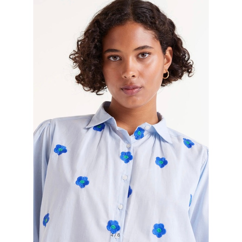 Compania Blue Short Sleeve Blouse with blue flowers