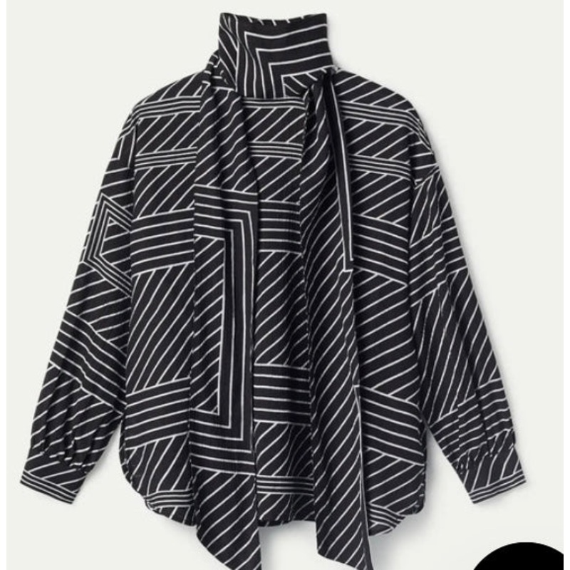 Compania Fantastica Black & White Graphic Stripe Print Blouse with Foulard Neckline
