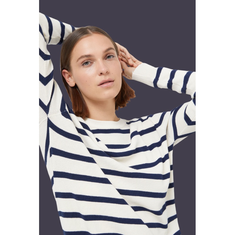 Compania  Fantastica Navy Blue and Soft White Fine Knit Striped Jumper