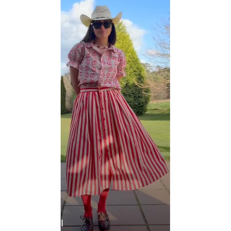 Compania Red & Pink Stripe Poplin Cotton Midi Skirt