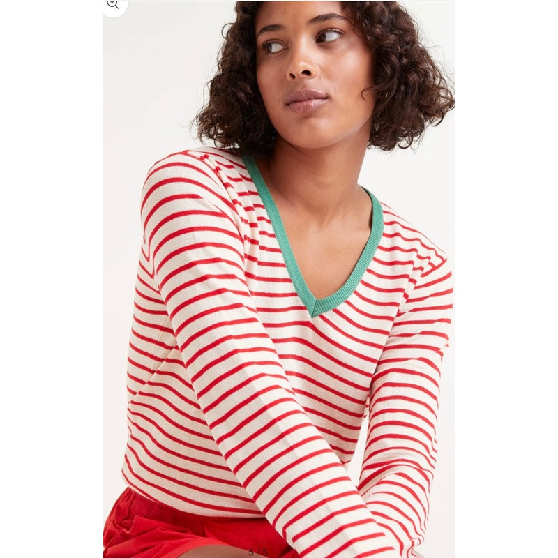 Compania Red Striped V-Neck Fine Knit Sweater