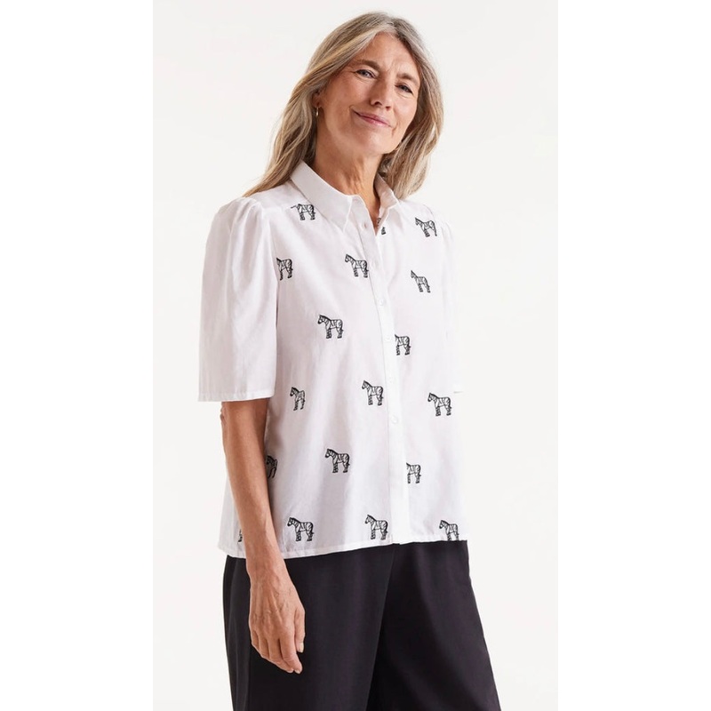 Compania White Short Sleeve Cotton Shirt with Black Zebra Print