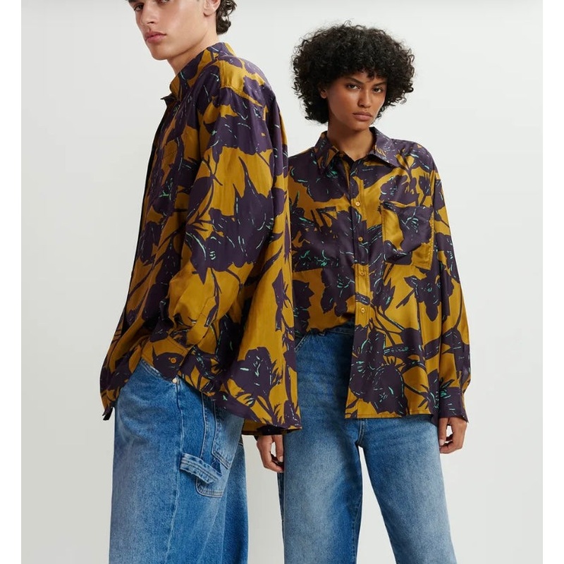 Essentiel Antwerp Bronze & Navy Silk Floral Print Shirt