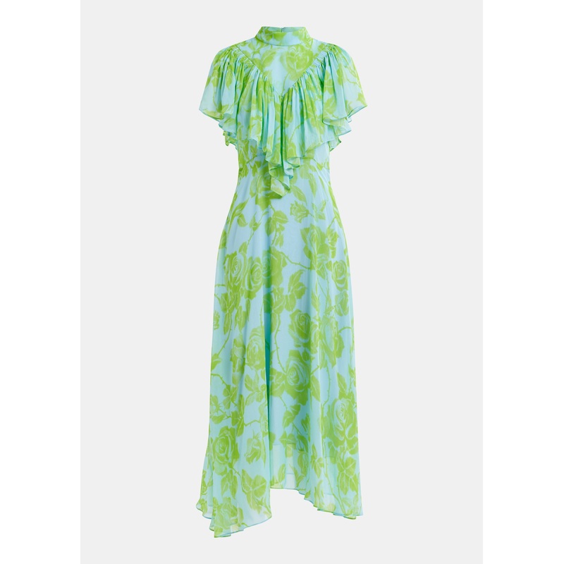 Essentiel Antwerp Green & Blue Floral Chiffon Midi Dress