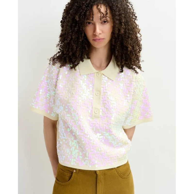 Essentiel Antwerp Off-White Iridescent Sequin Polo Knit Top