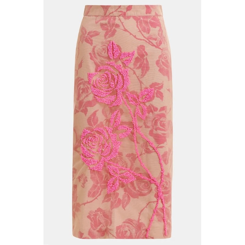 Essentiel Antwerp Pink Tulle Midi Skirt with Floral Beaded Embellishment
