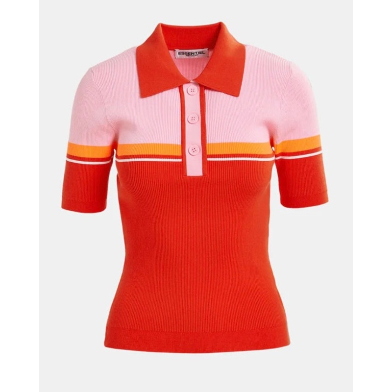 Essentiel Antwerp Red / Pink Fine Knit Polo Top
