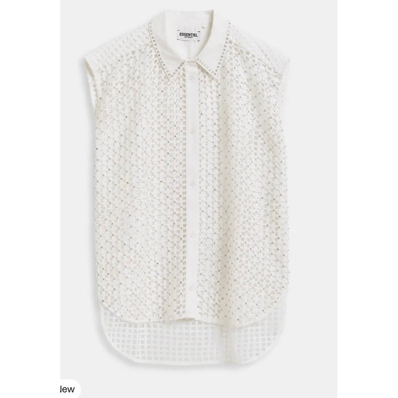 Essentiel Antwerp White Mesh Sleeveless Shirt with Crystal Embellishments