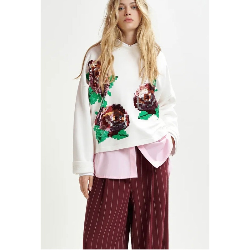 Essentiel Antwerp White Sweatshirt with Red & Green Sequin Motifs