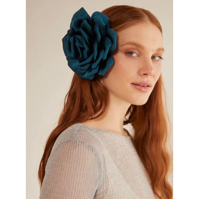 Nali Teal  Satin Rose Corsage Brooch / Hair Clip