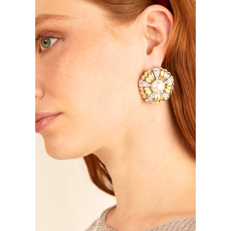 Nali Vintage Gold with Crystals & Pearl Stud Earrings