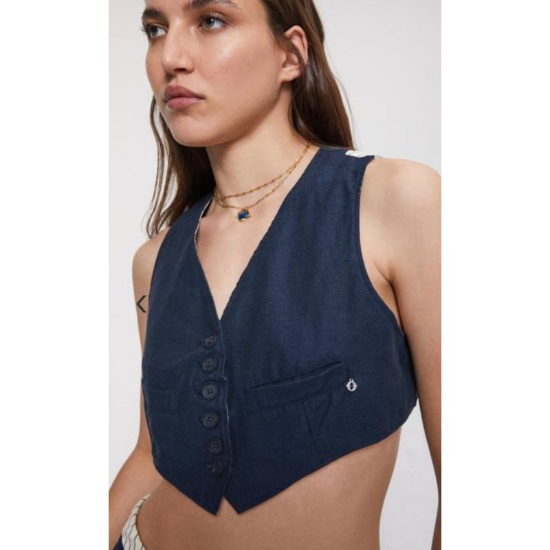 OttodAme Navy  Linen blend Cropped Waistcoat Top
