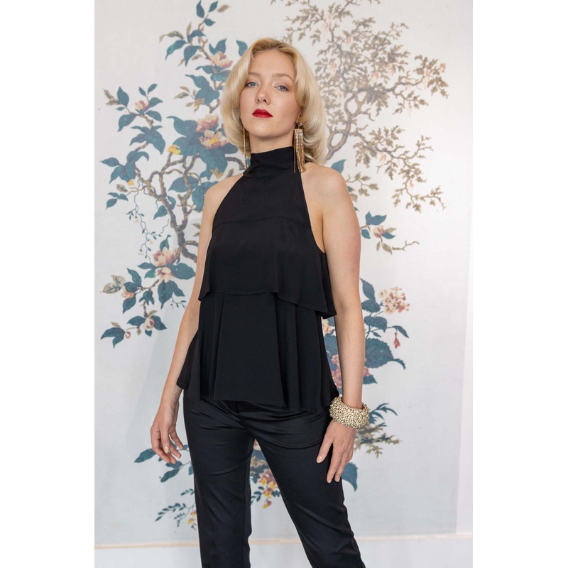 Silk Sleeveless Top with Layered Frill in Black