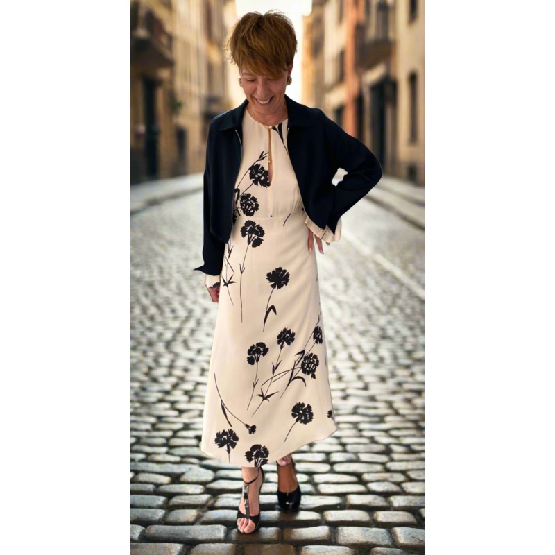 Twinset Cream & Black Wisteria Carnation Crepe de Chine Dress