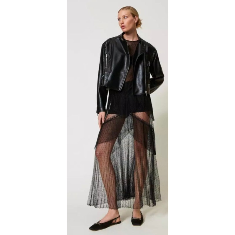 Twinset Milano Black Long Romantic pleated Tulle Dress