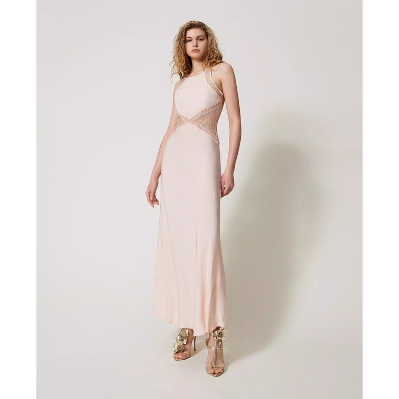 Twinset Milano cupcake pink long satin slip dress with lace