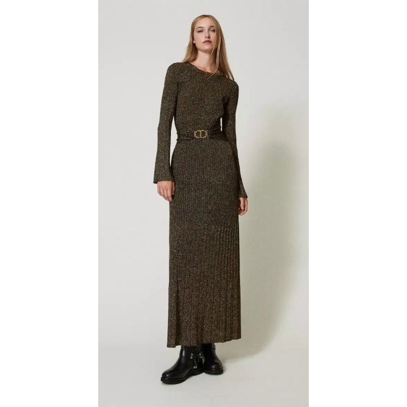 Twinset Milano Gold Lurex Rib Knit Long Dress with T-Bar Belt